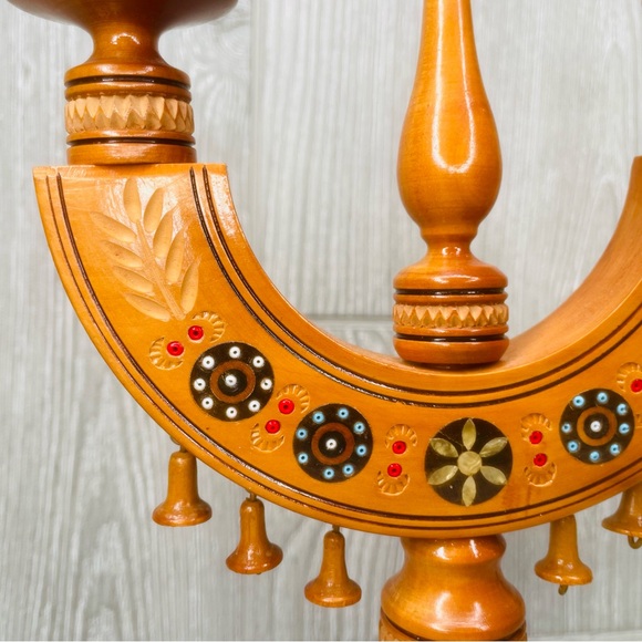Rare Vintage wooden Boho Hand Painted Candelabra beaded & brass inlay decoration - Picture 8 of 8